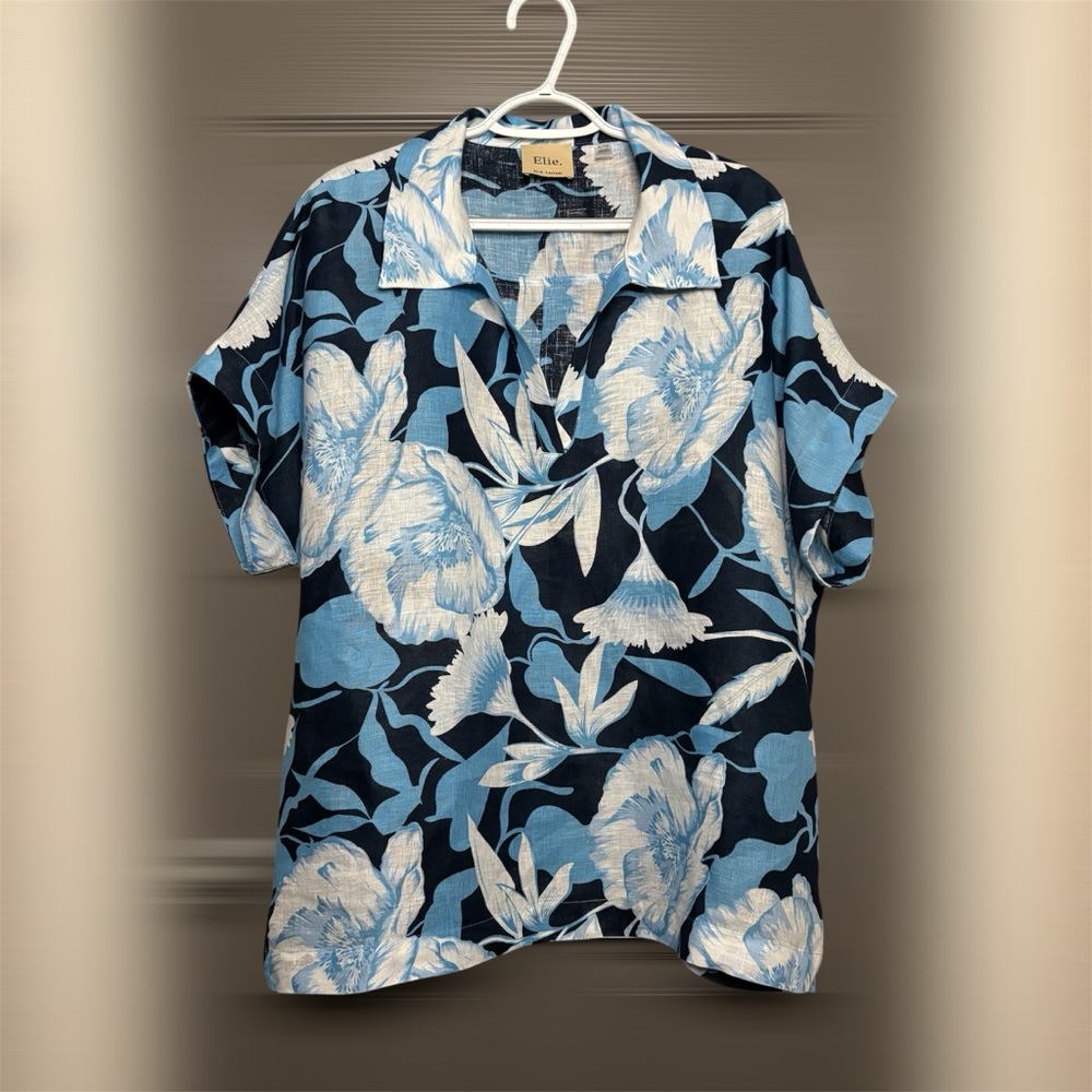 Elie. Elie Tahari Linen Women’s Popover Top XL Blue White Oversized